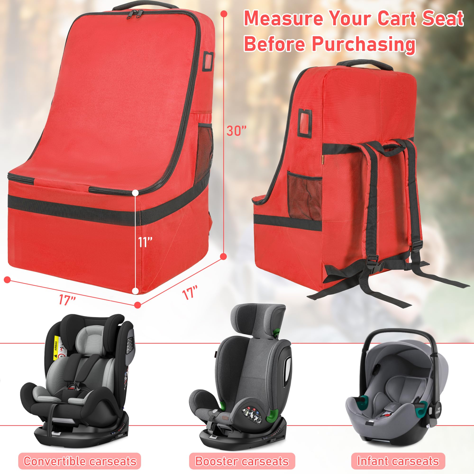 IBVIVIC padded car seat travel bag showing elastic side pockets for small essentials