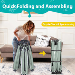 ICAREWAY foldable playpen showing effortless tool-free assembly in minutes