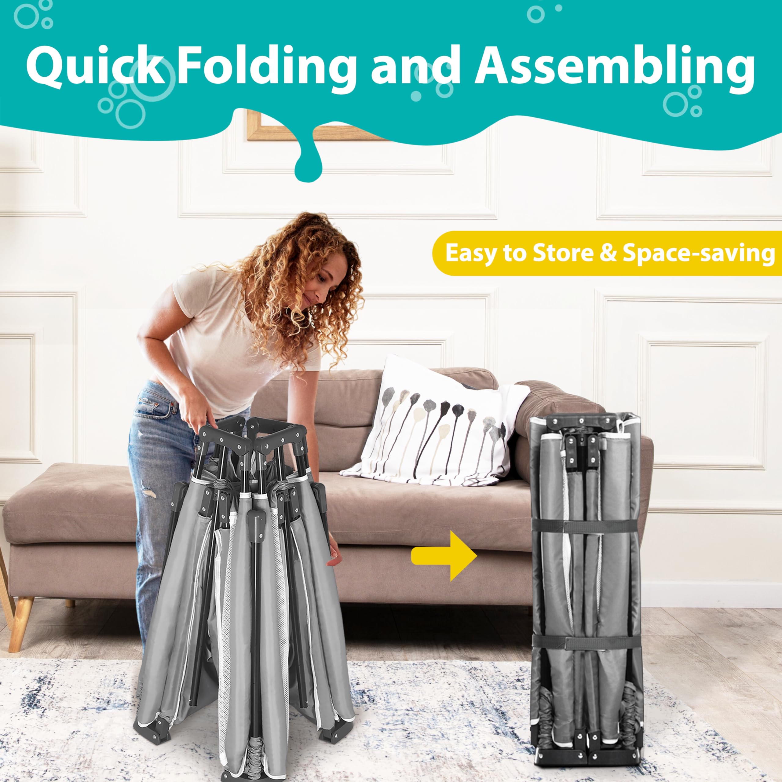 ICAREWAY foldable playpen in outdoor setup, illustrating portability for travel or parks.