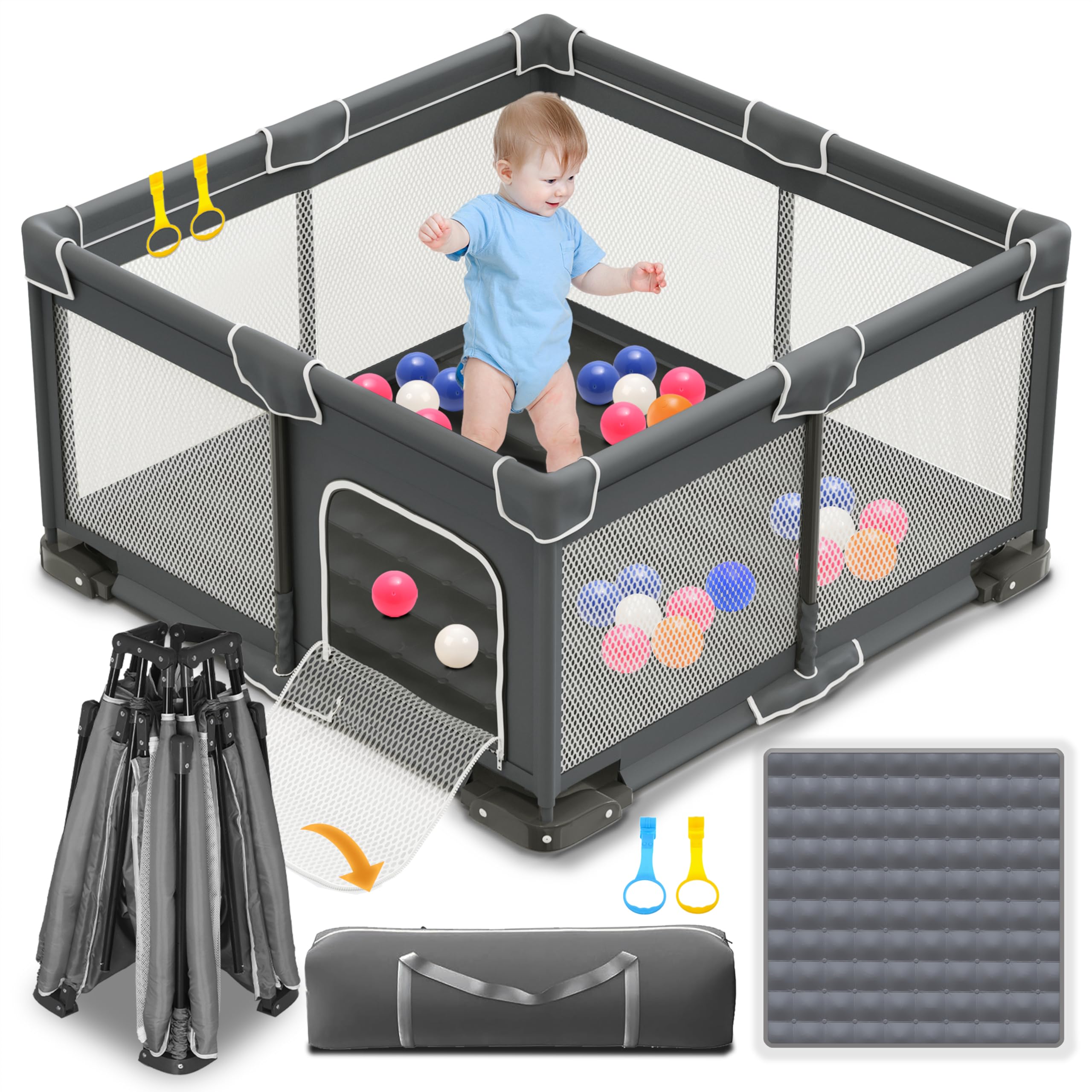 ICAREWAY foldable playpen setup diagram demonstrates quick assembly and portability