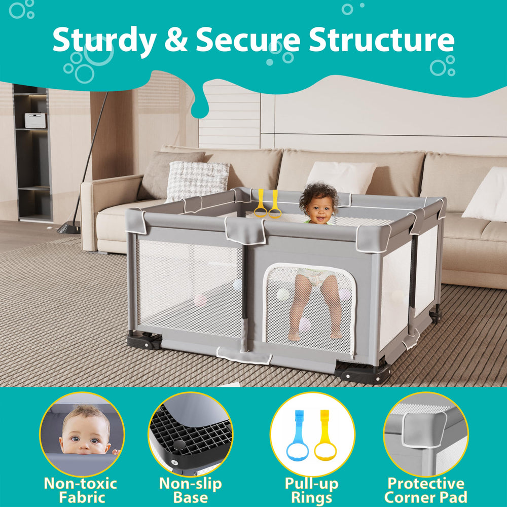 ICAREWAY foldable playpen features two pull-up rings to support standing practice.