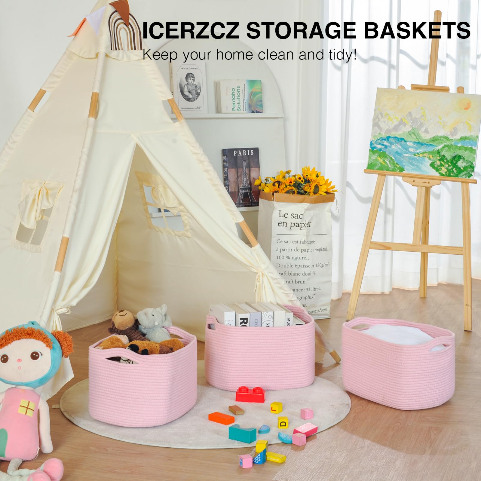ICERZCZ bathroom towel basket in soft pink keeps essentials accessible