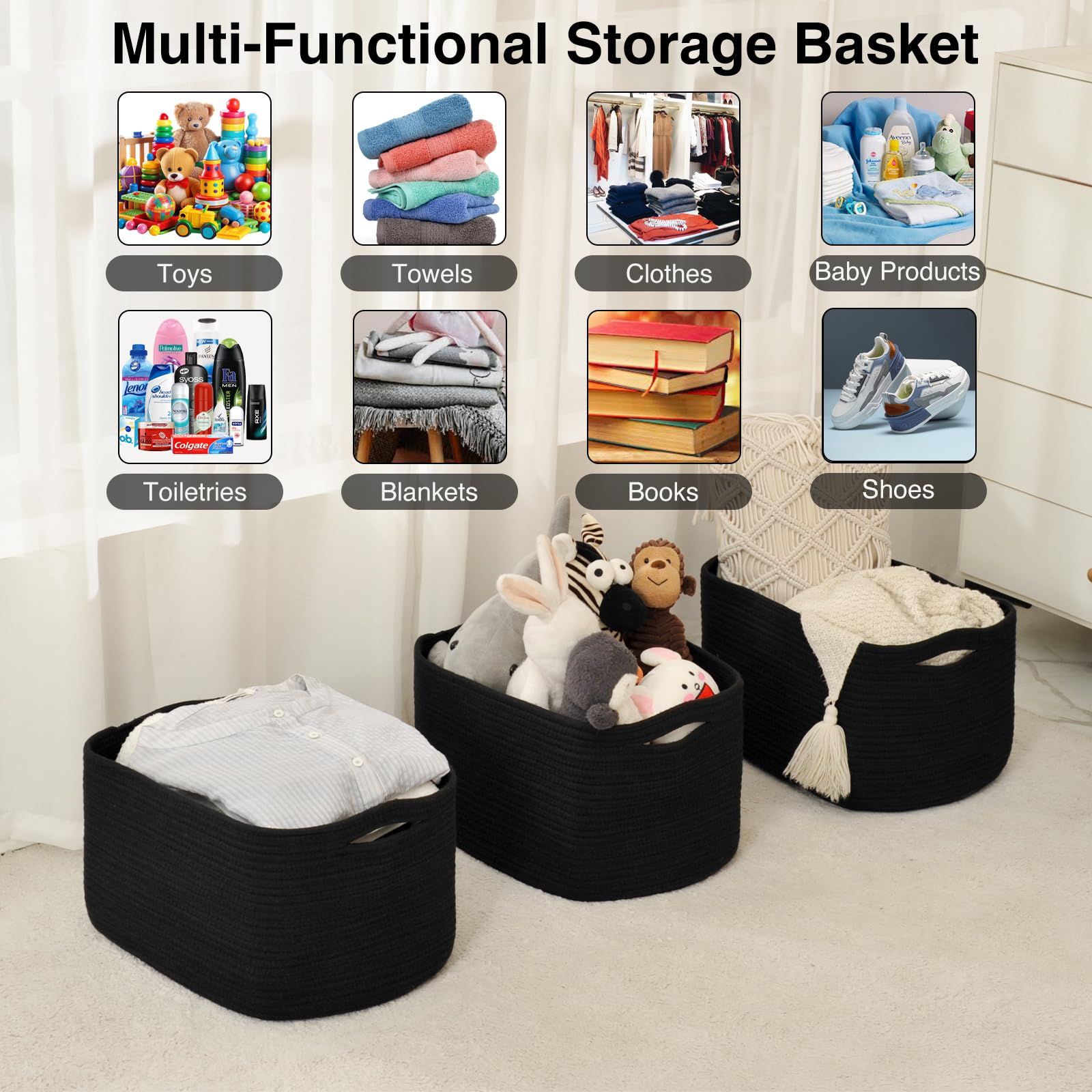 ICERZCZ black cotton rope basket durable and stylish for home decor.