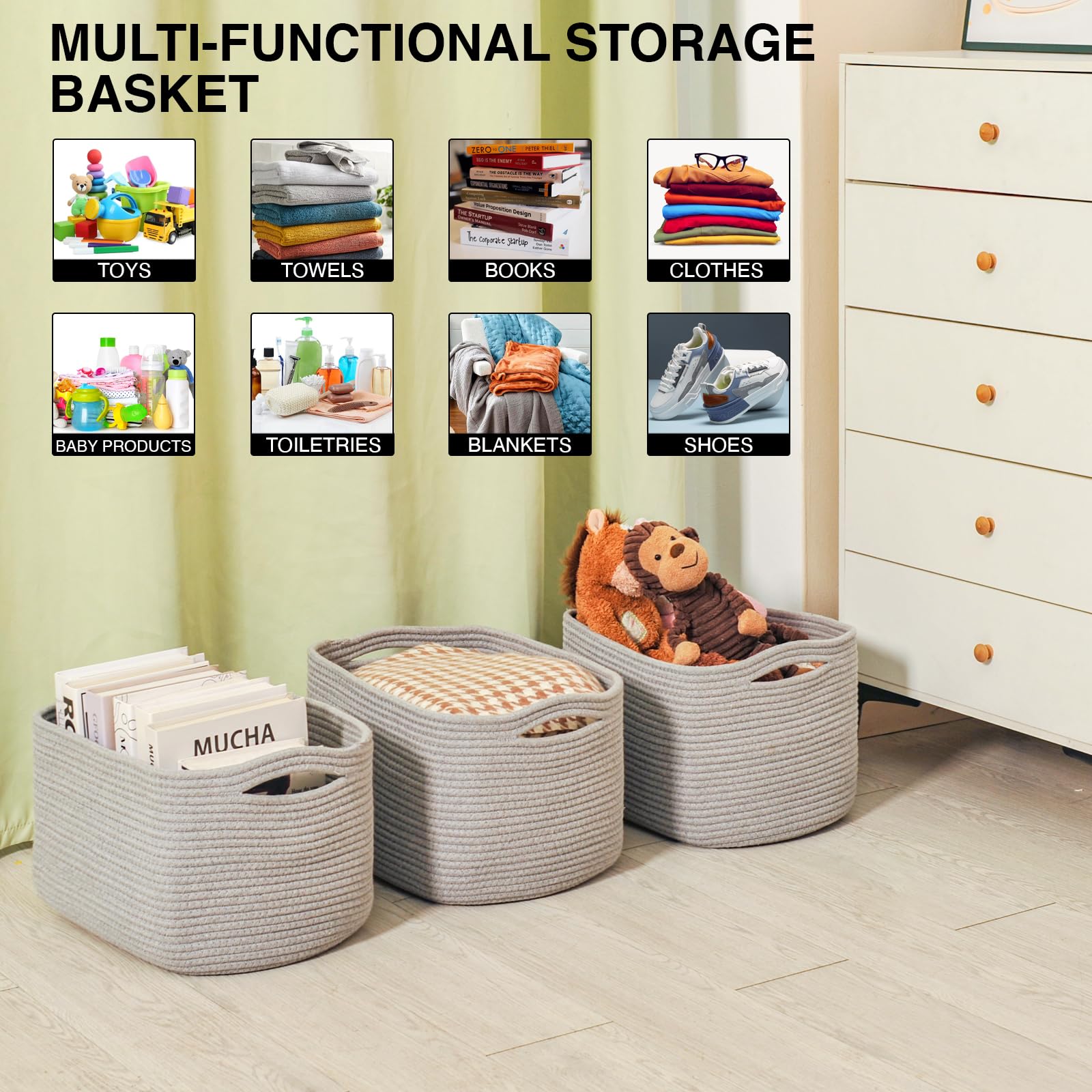 ICERZCZ nursery-gray-towels-books basket organized spaces in a nursery or living room