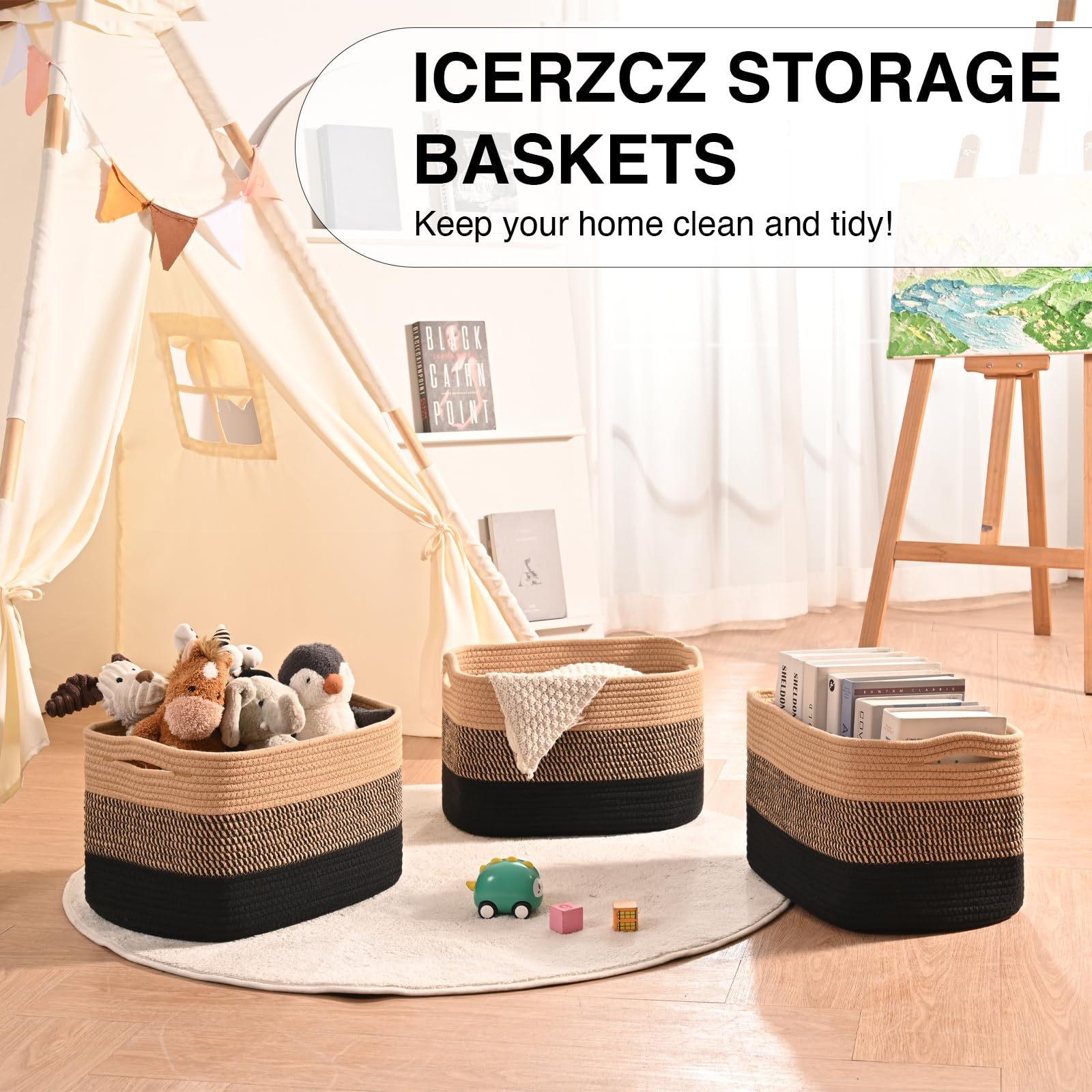 ICERZCZ bedroom organization basket storing towels or cosmetics.