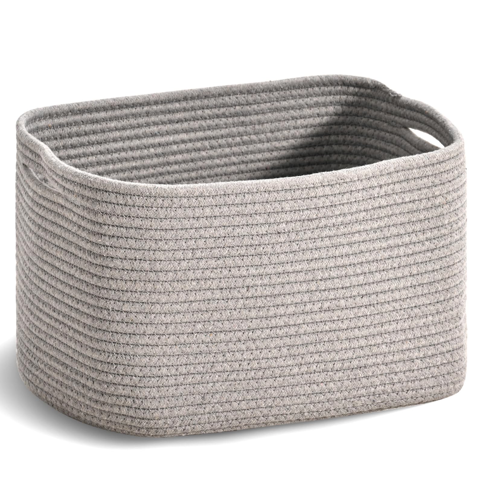ICERZCZ woven cotton rope basket front view shows sturdy handles and light grey finish for easy organizing