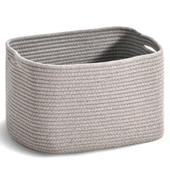 ICERZCZ woven cotton rope basket front view shows sturdy handles and light grey finish for easy organizing