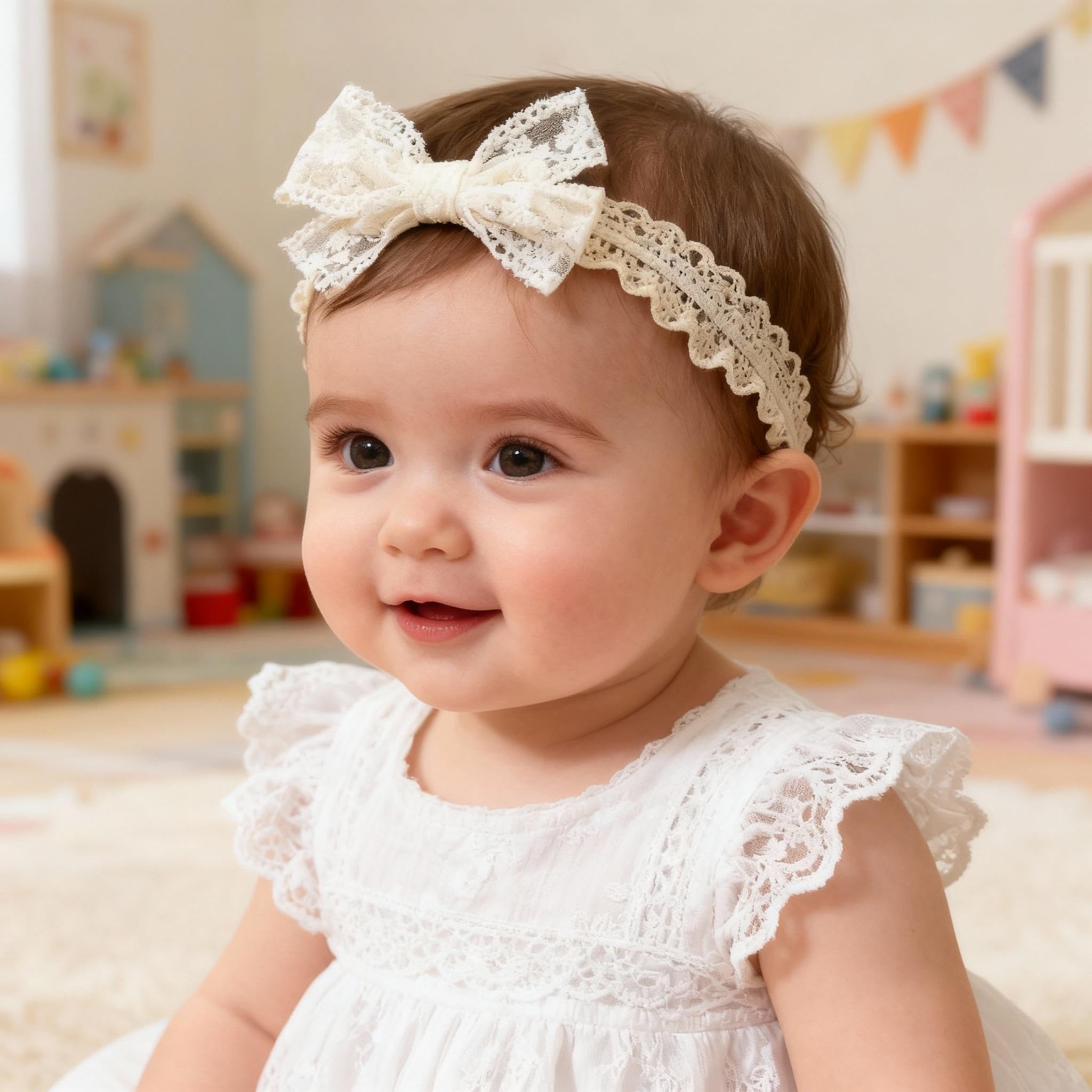 ICKEYOU baby girls bow headband beige; delicate knot detail for christening outfits