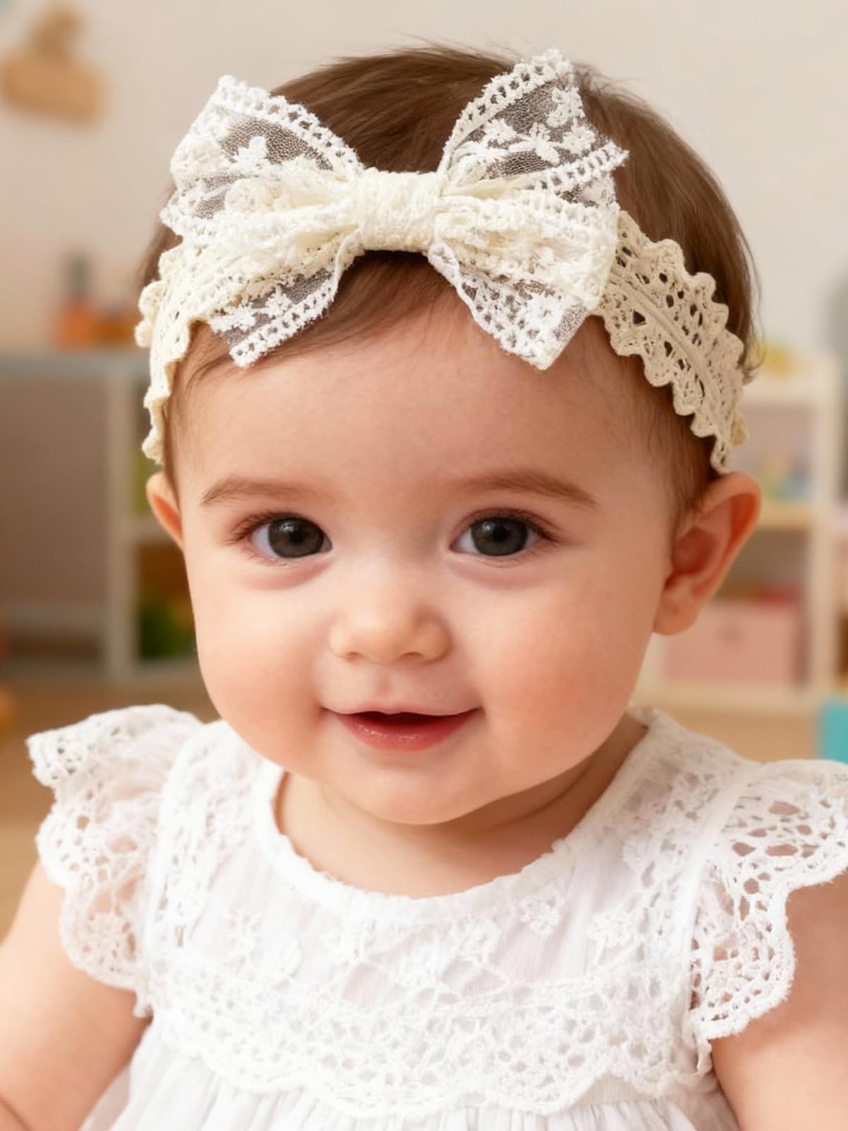 ICKEYOU baby girls bow headband white lace; soft, skin-friendly fabric for newborn photos