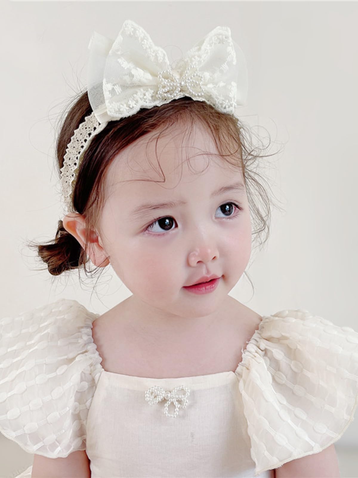 ICKEYOU baby girls bow lace headband with white butterfly knot for adorable newborn photos
