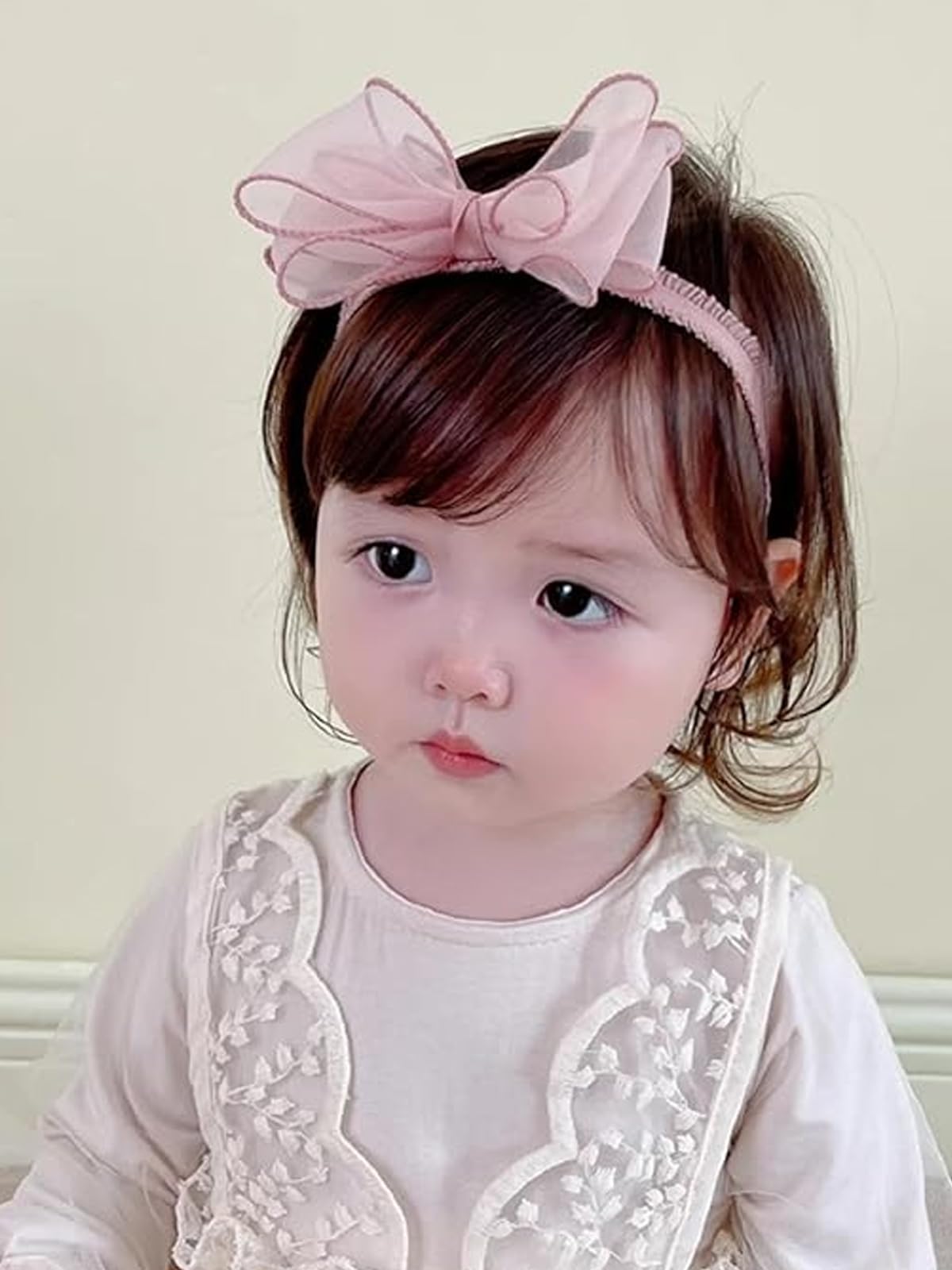 ICKEYOU baby girls lace bow headband with soft lace detail for newborn photos