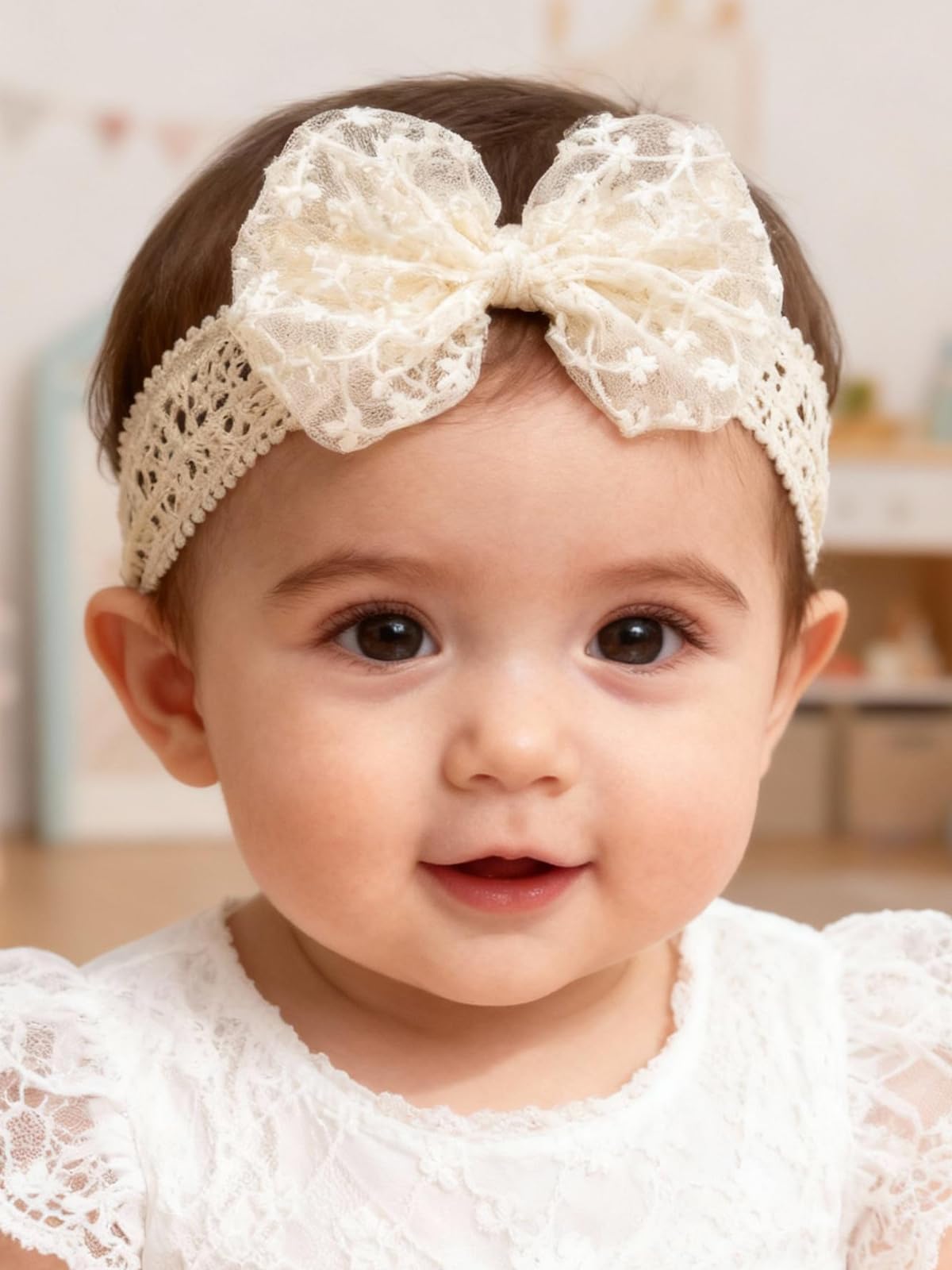 ICK EYOU beige lace bow headband with soft breathable fabric for daily wear.