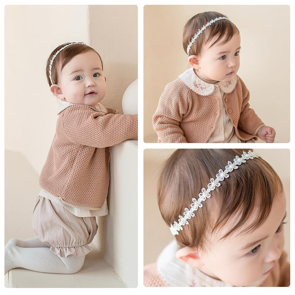 ICKEYOU white pearl accents headband on infant for elegant christening outfits.