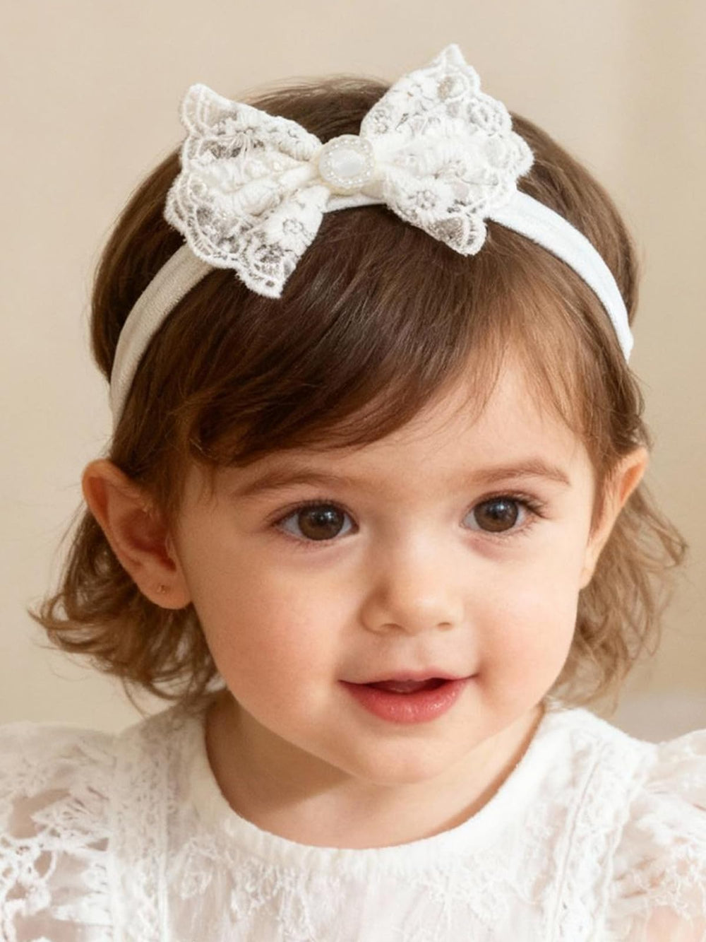 ICKEYOU baby lace bow headband close-up shows soft cotton for gentle comfort
