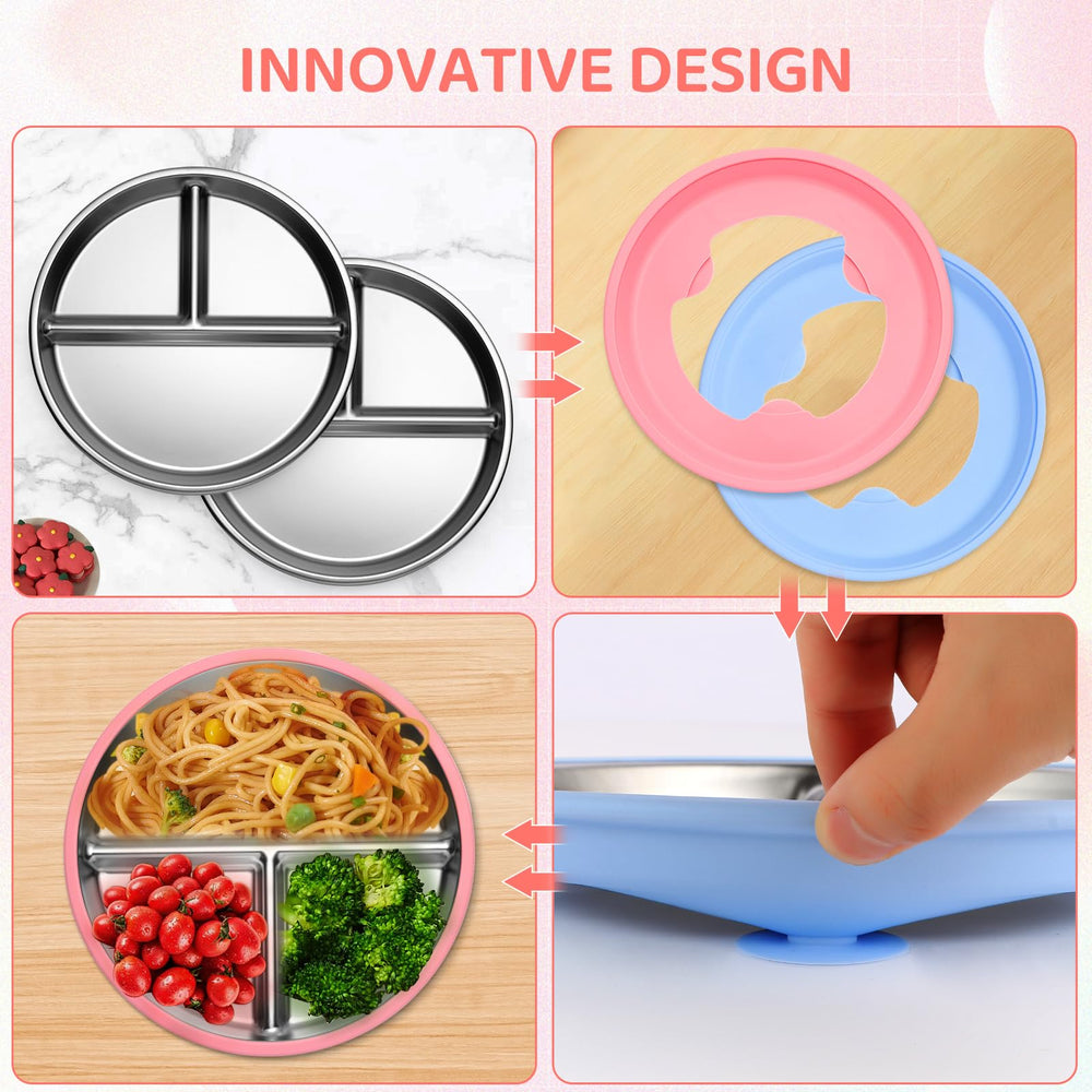 iconfont Stainless Steel Toddler Plate three-point-suction ensures stable, spill-safe mealtimes