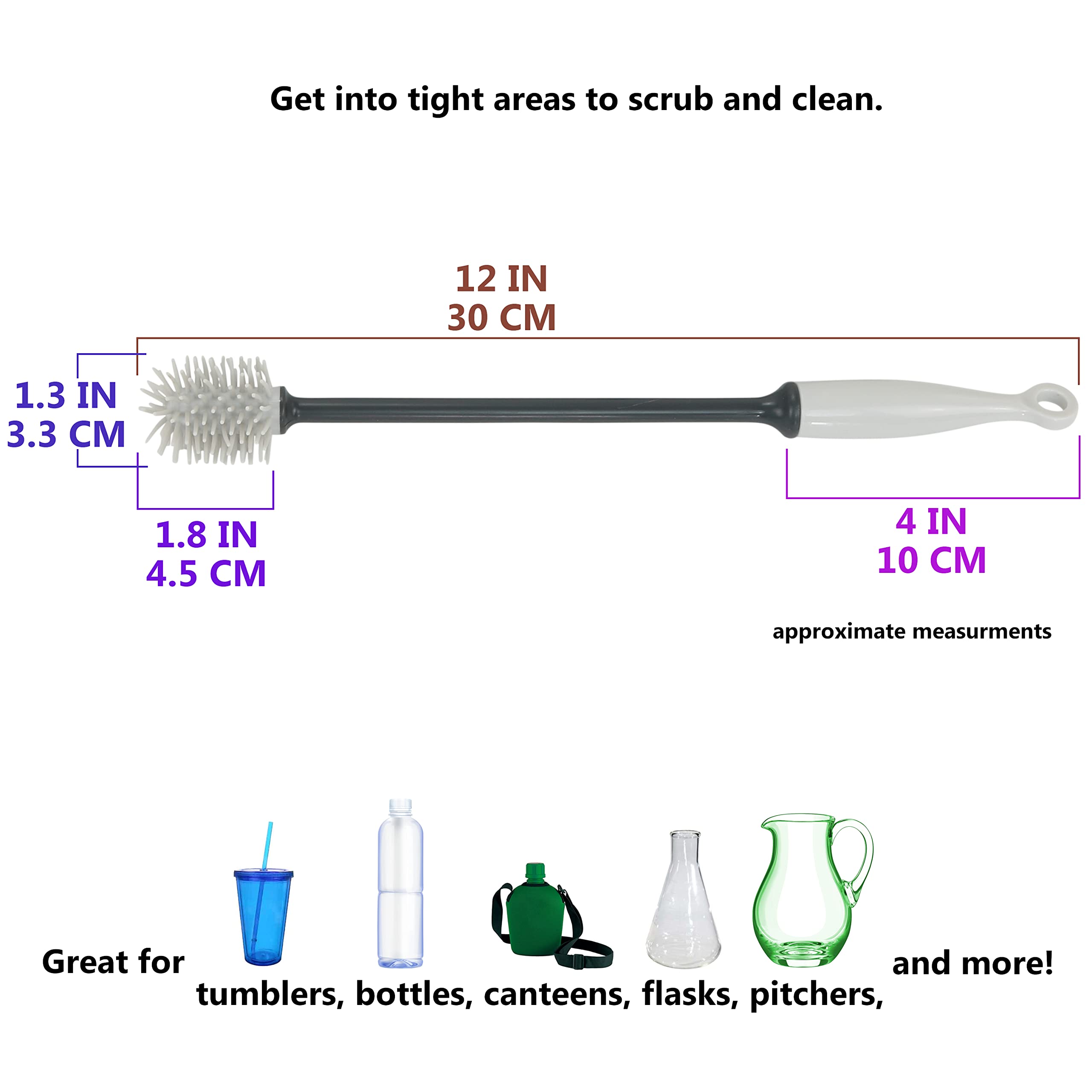 Iconikal silicone bottle brush 12in gray head close-up shows soft bristles for safe scrubbing