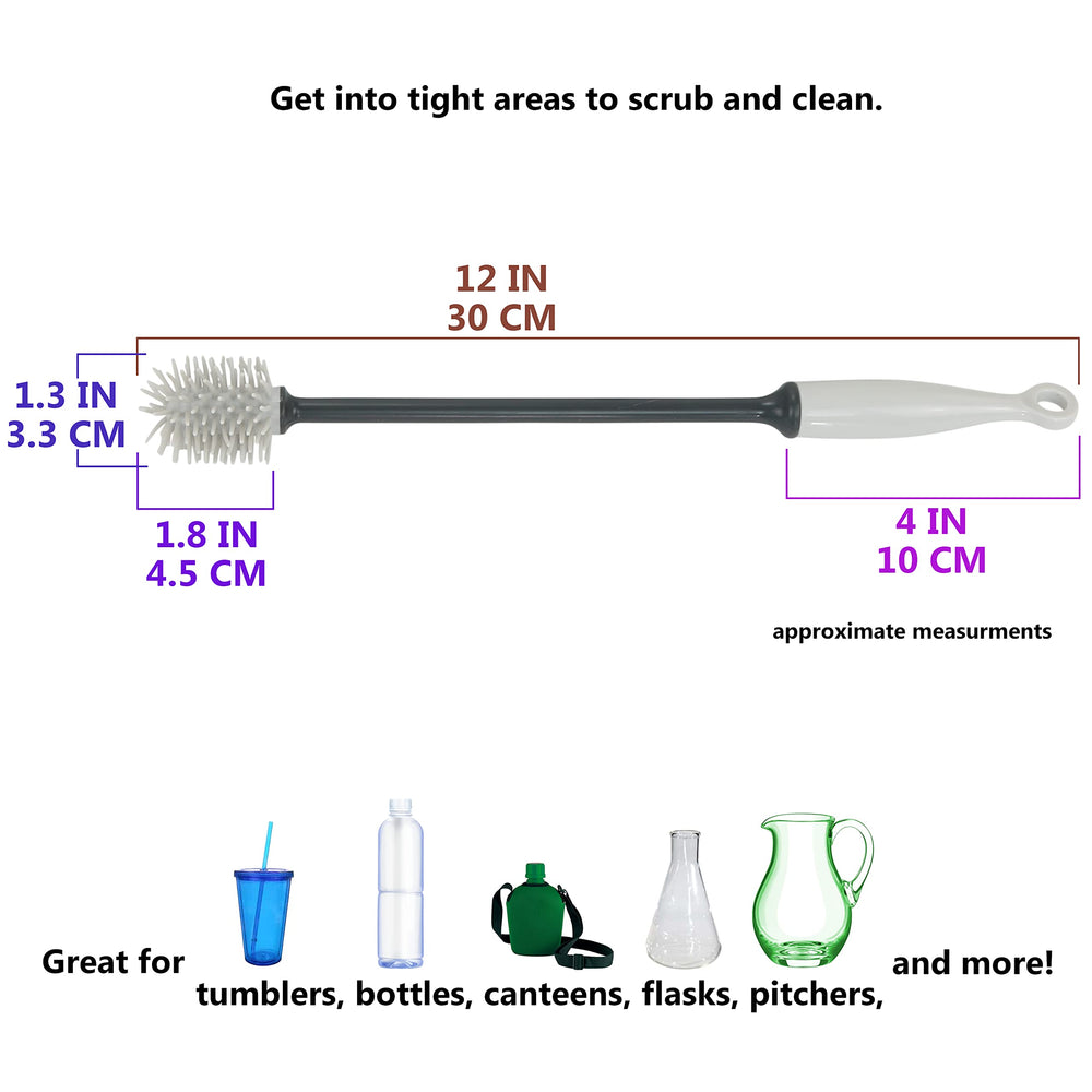 Iconikal silicone bottle brush 12in gray head close-up shows soft bristles for safe scrubbing