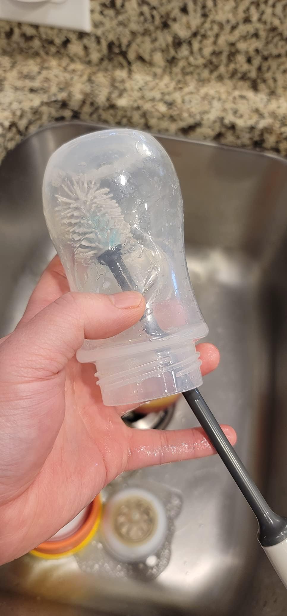 Iconikal silicone bottle brush 12in gray inside bottle scene demonstrates reach to narrow neck