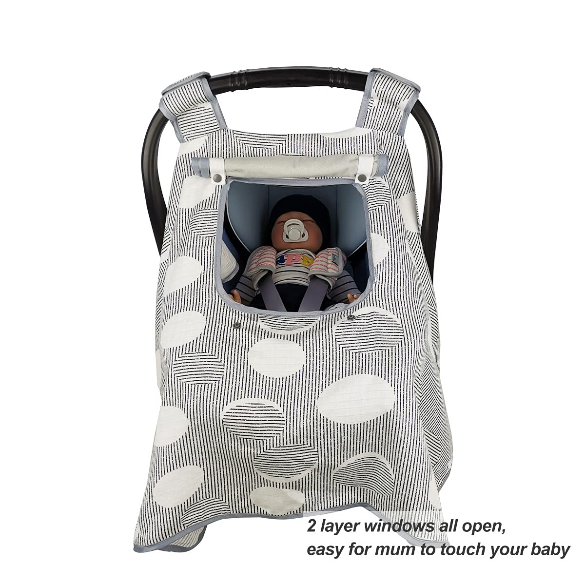 ICOPUCA car seat canopy with mesh window for visibility.