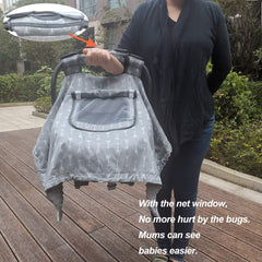 ICOPUCA car seat canopy with mesh window for breathable visibility during checks