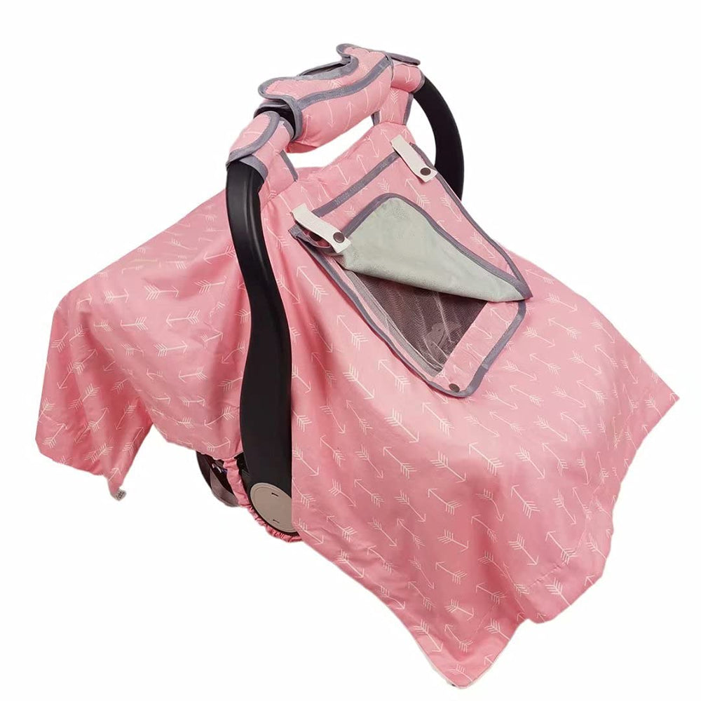 ICOPUCA pink car seat cover features multifunctional design for nursing and travel.