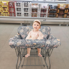 ICOPUCA shopping cart cover showing snack pocket and bottle strap for essentials.