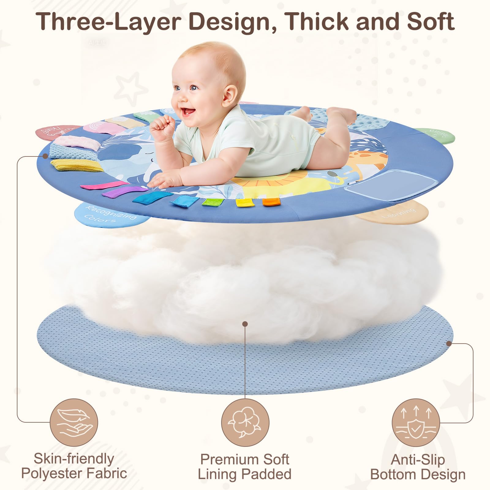 ICOSY Baby Play Gym Mat soft breathable fabric; gentle on skin.