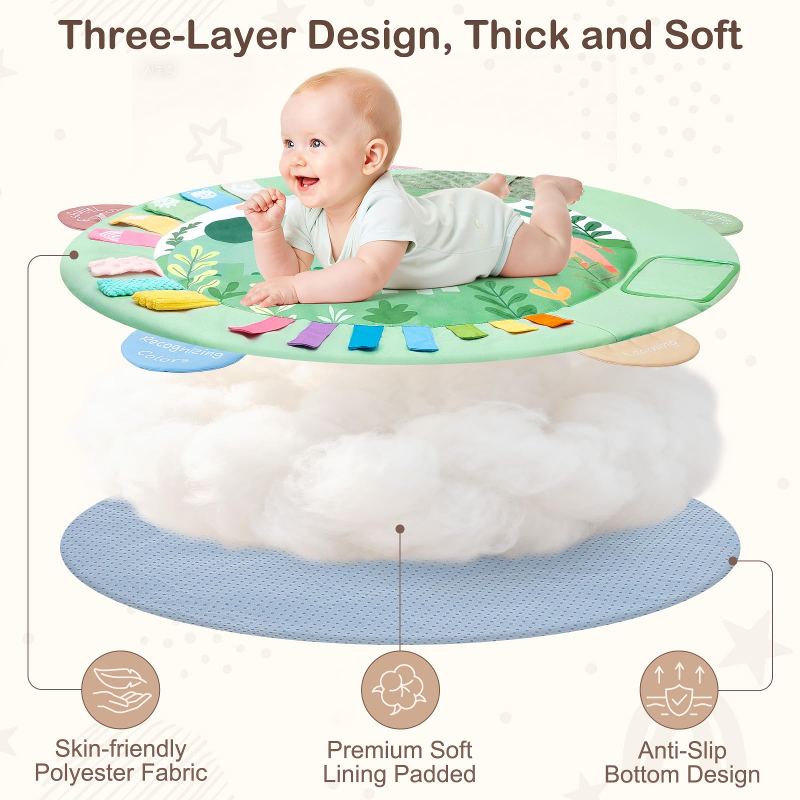 ICOSY Baby Play Gym Mat soft-fabric closeup demonstrates skin-friendly, breathable material.
