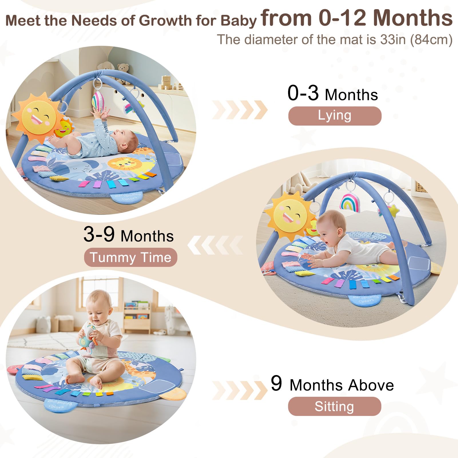 ICOSY Baby Play Gym Mat 33.5-inch diameter; ample space for movement.