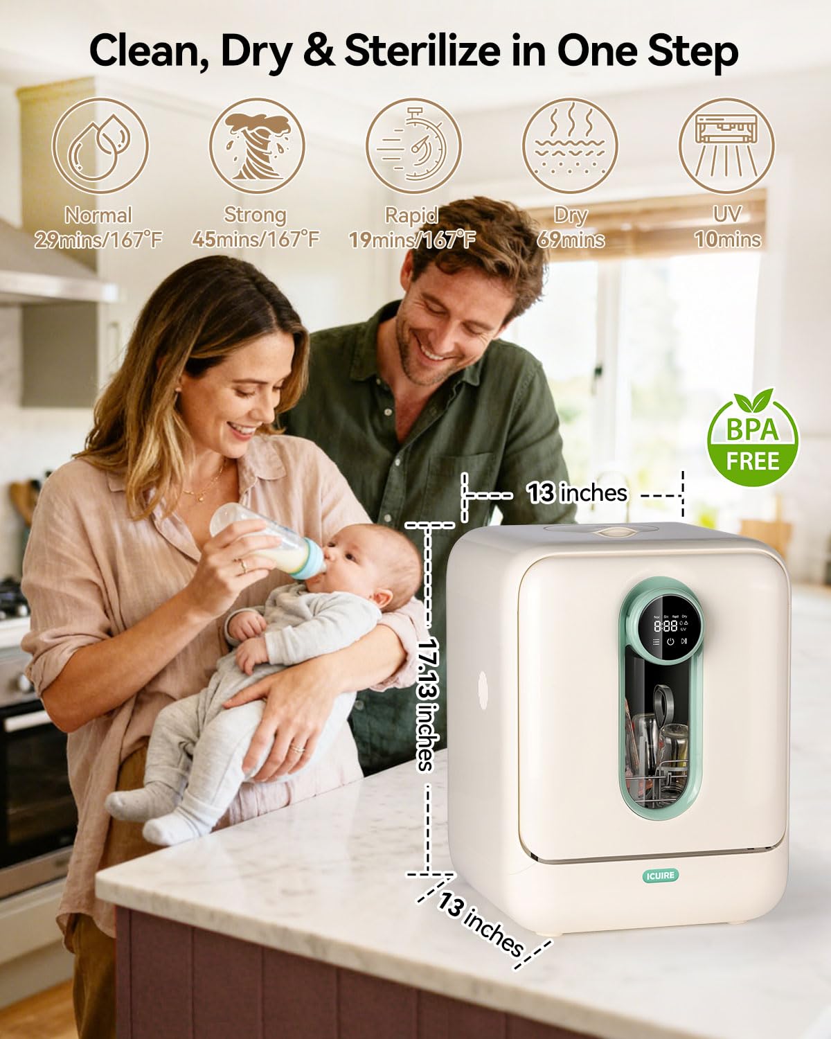 ICUIRE modes panel displays cleaning, sterilization, and drying options