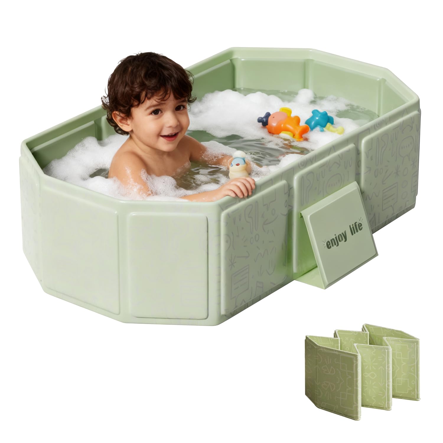 IcyByte collapsible baby bathtub folded for compact storage in small spaces
