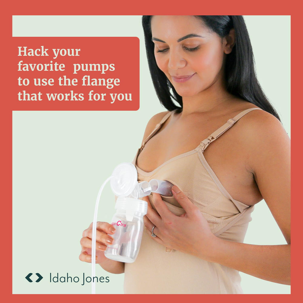 IDAHO JONES base connector front view demonstrates hands-free pumping fit.