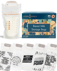 IDAHO JONES breastmilk storage bags with 8-ounce capacity and double-seal zip-top for leak protection.