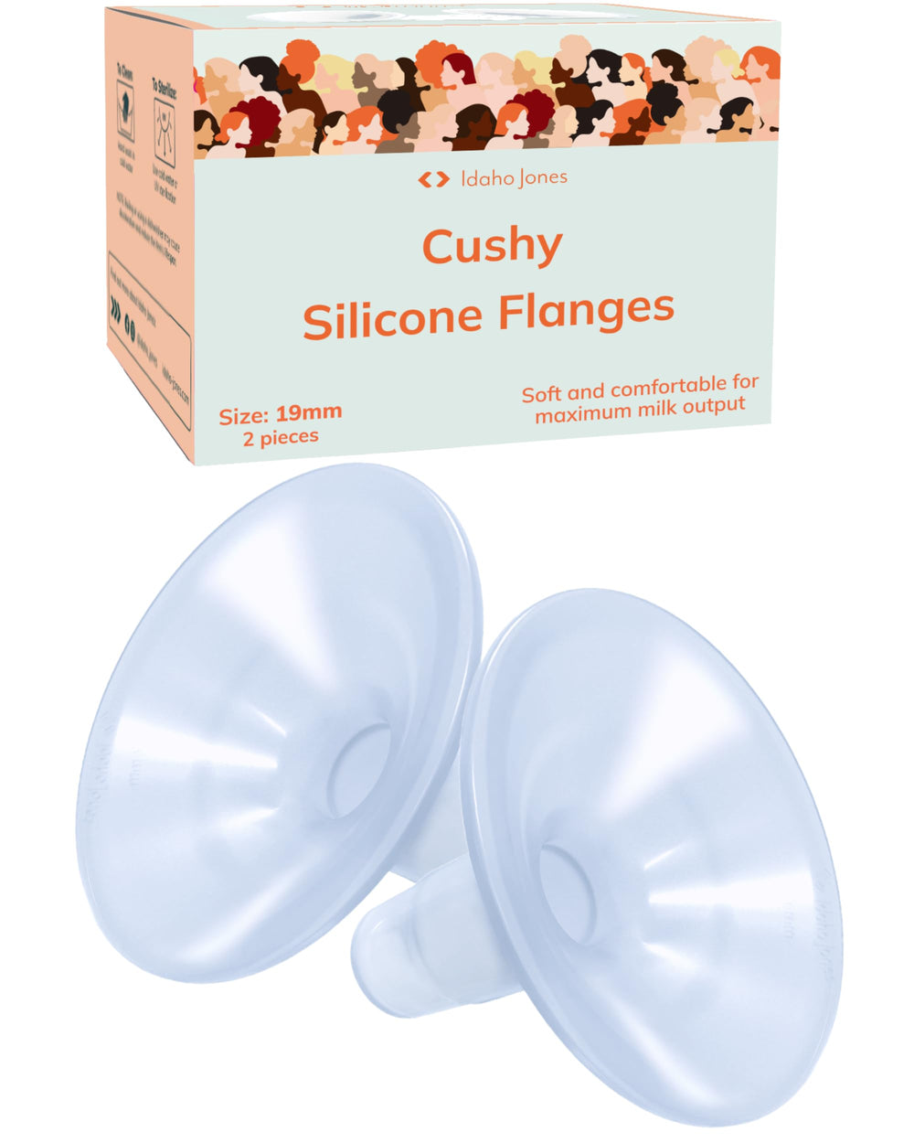 IDAHO JONES Cushy Silicone Flanges 19mm pack shot for comfortable pumping sessions.