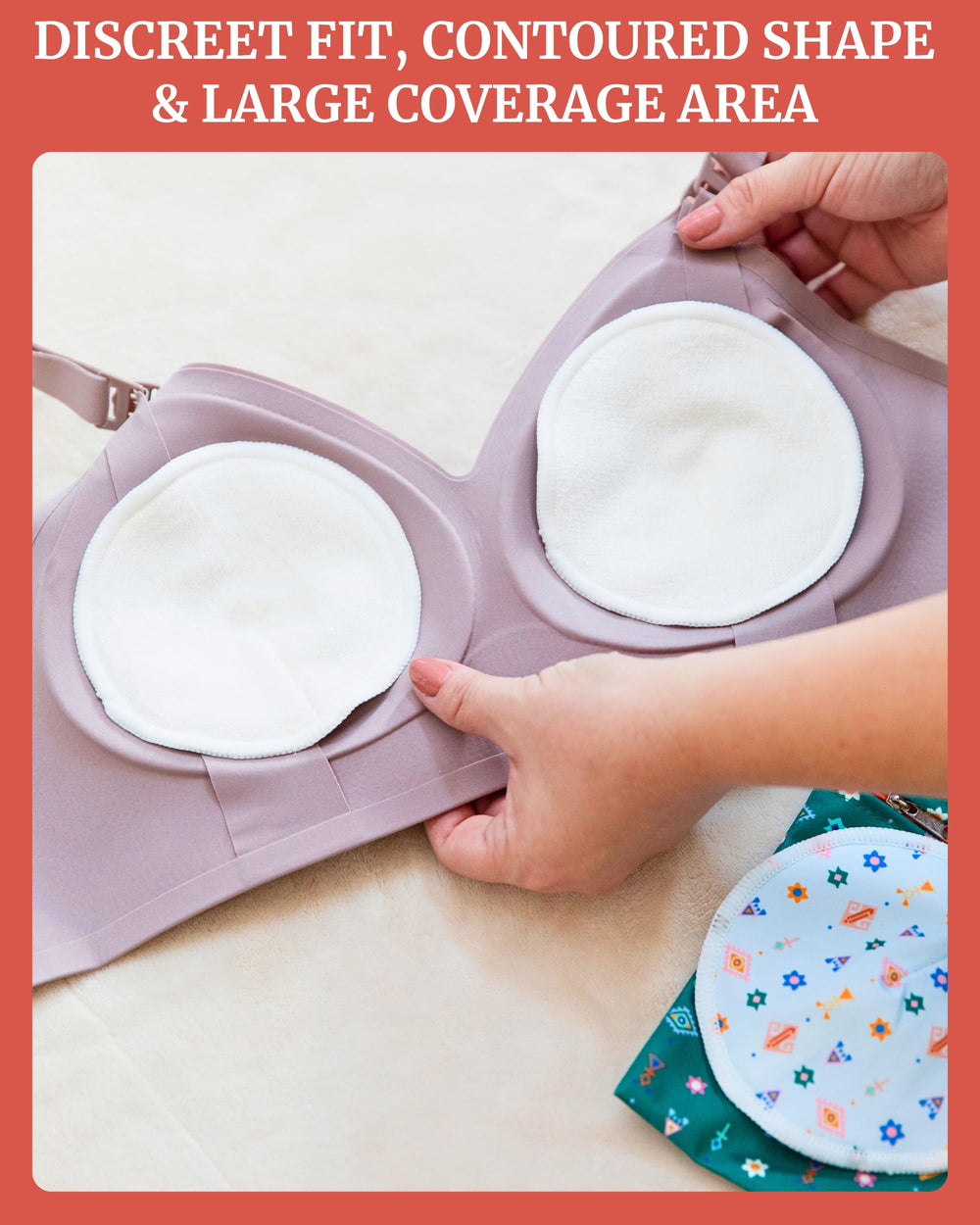 IDAHO JONES nursing pads wash bag image emphasizes easy care.