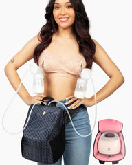 IDAHO JONES Pump-A-Porter belt bag worn for hands-free pumping on the go.