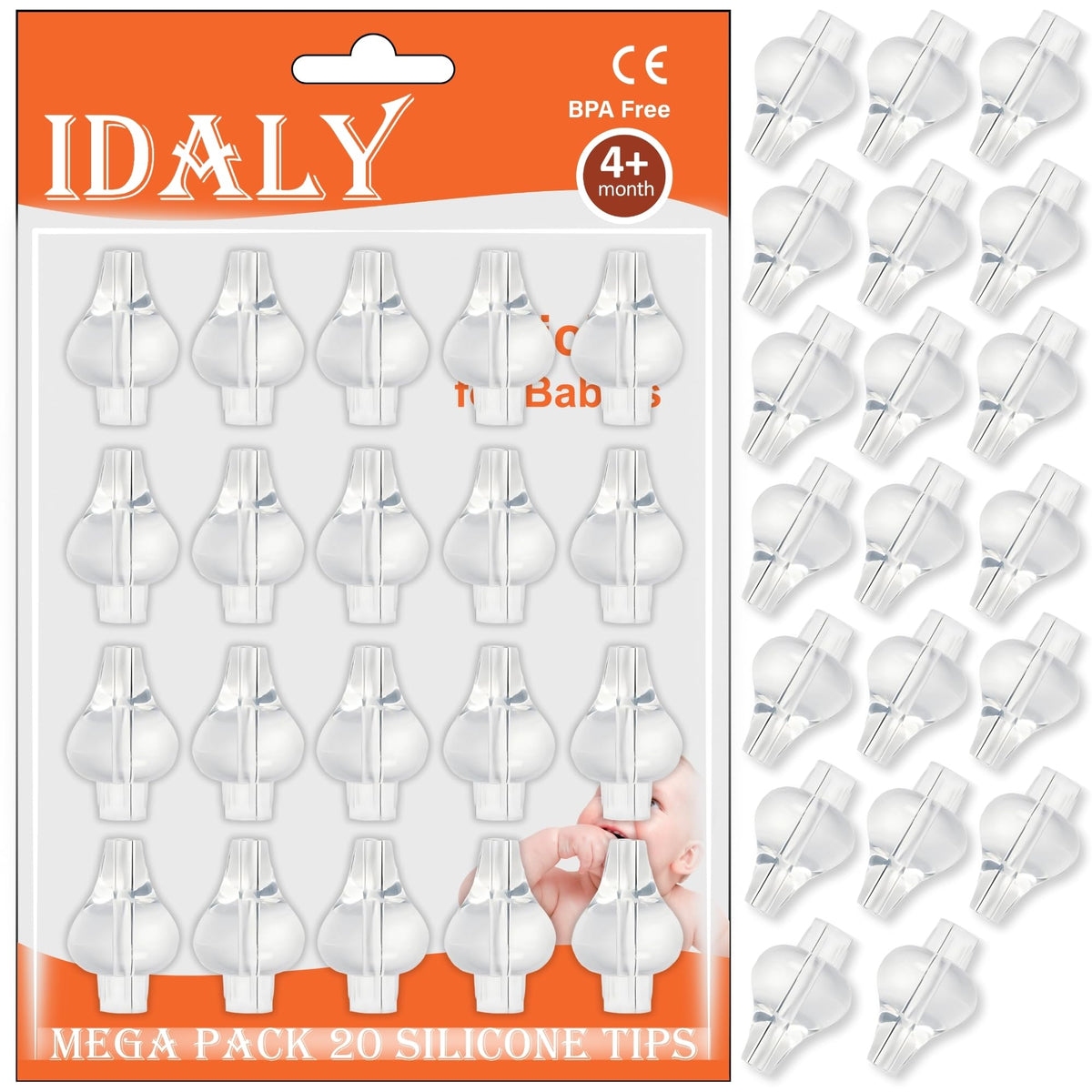 IDALY MEGA Pack silicone tips for nasal syringe—soft, BPA-free for gentle baby use.