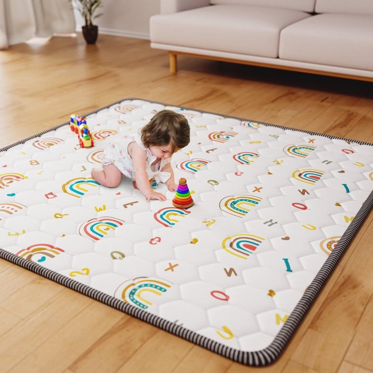 ieBabay boho rainbow play mat close-up surface showing soft microfiber for baby comfort and naps.