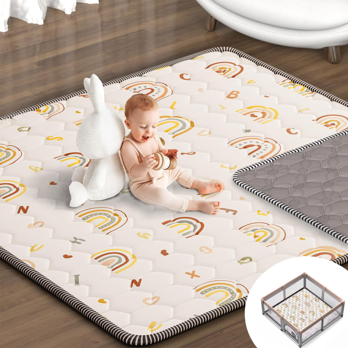 ieBabay Boho Rainbow Play Mat top view shows large 50x50 space for safe crawling
