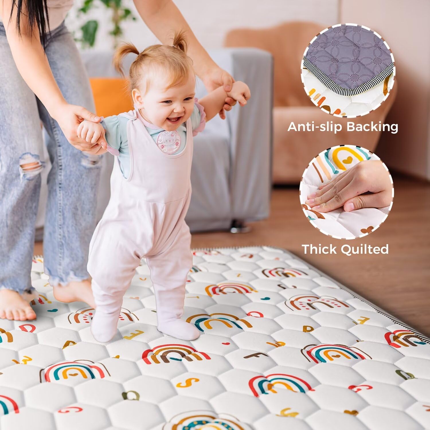 ieBabay boho rainbow play mat letters design helps early literacy during play.