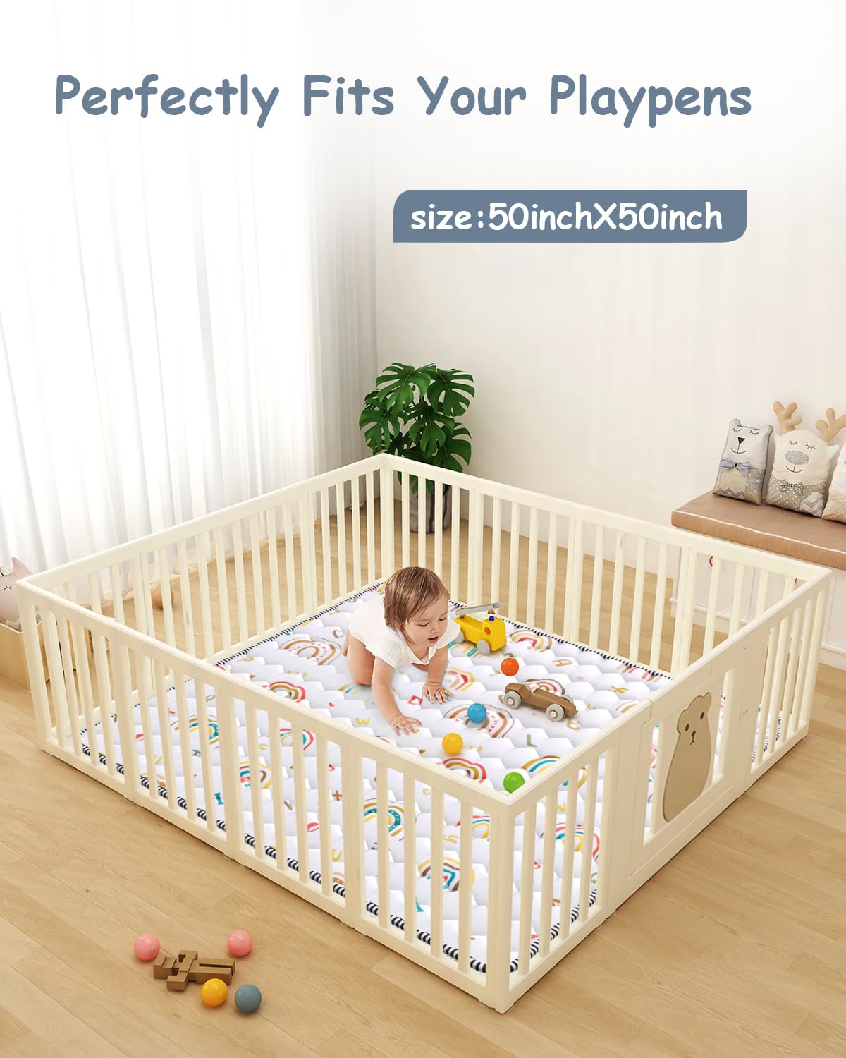 ieBabay boho rainbow play mat non-slip back provides stable crawling surface.