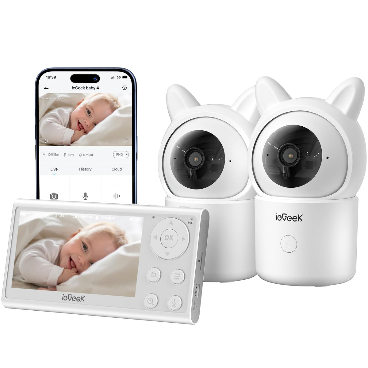 iegeek 1080p baby monitor with two cameras for clear twin nursery monitoring.
