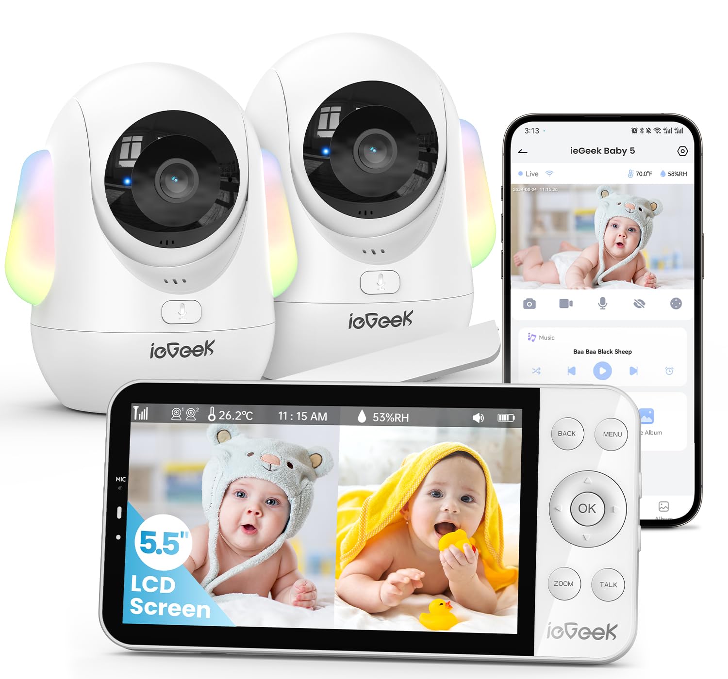 ieGeek 5.5-inch display delivers clear day and night monitoring with wide-angle view.