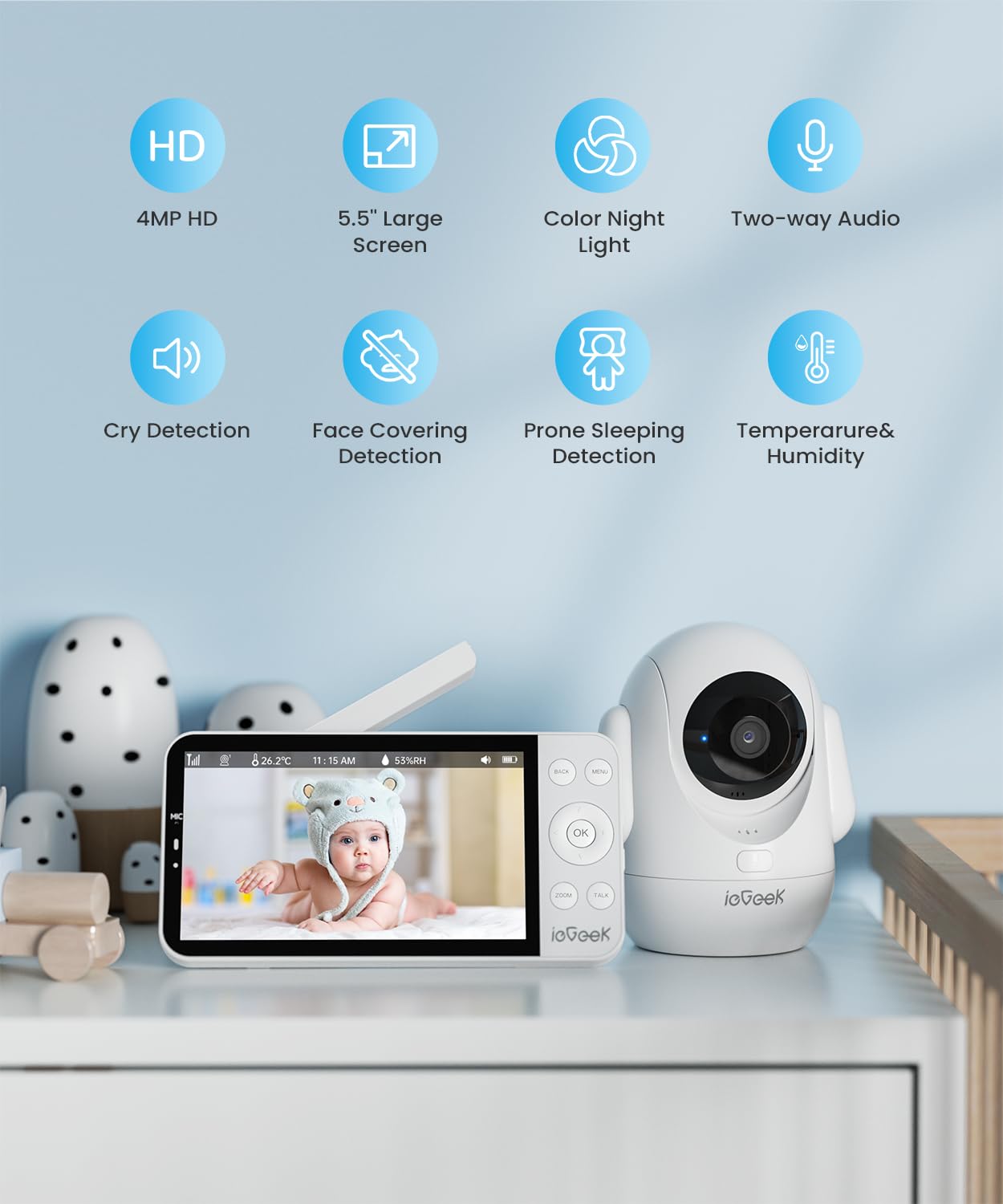 ieGeek AI detection highlights prone sleeping and crying for quick checks.