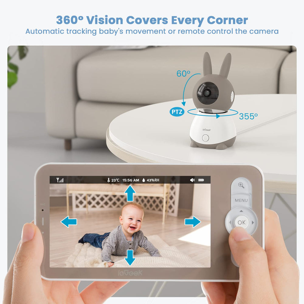 ieGeek auto-tracking view demonstrates hands-free monitoring as the baby moves.