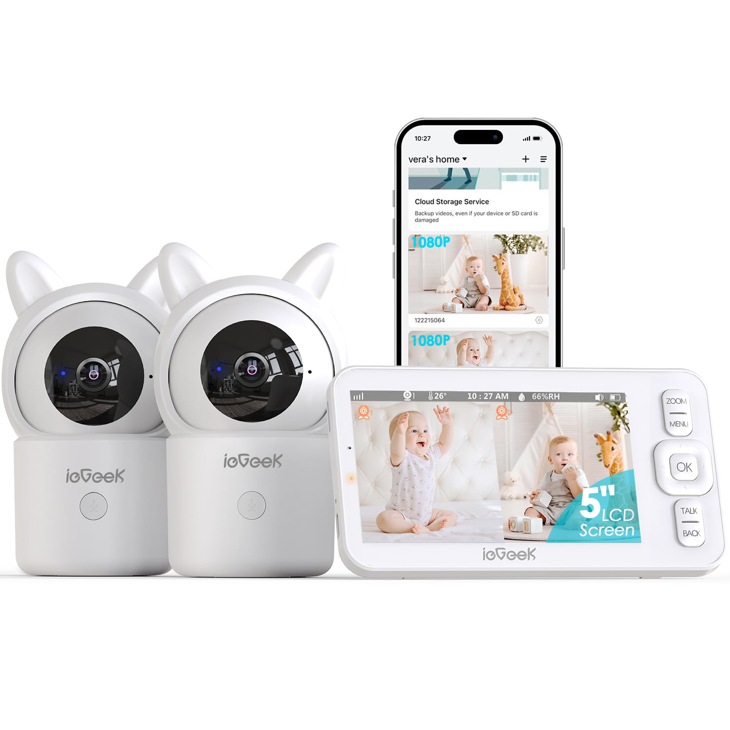 ieGeek baby monitor split-screen with two cameras for monitoring two rooms.