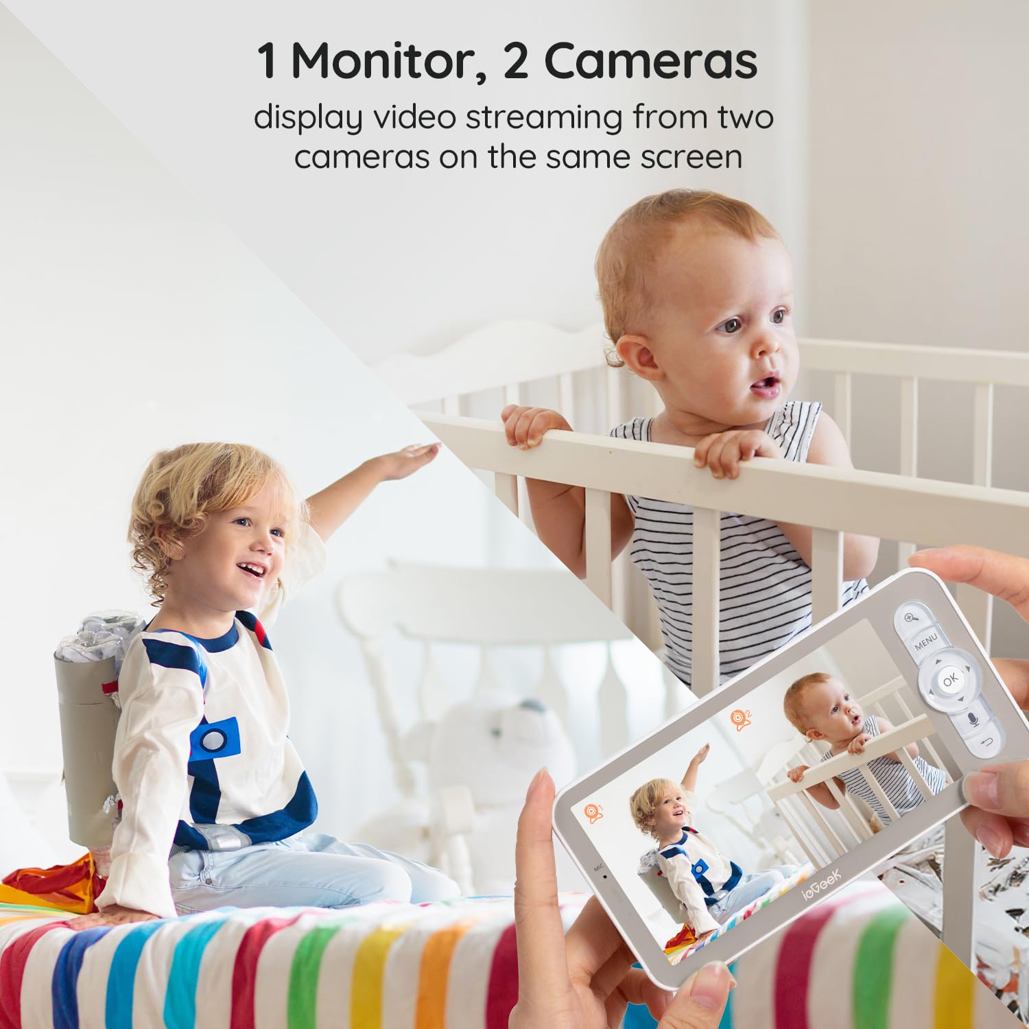 ieGeek dual-camera setup demonstrates paired camera coverage for twins or two rooms.