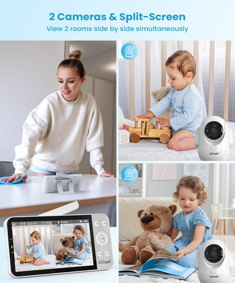 ieGeek split-screen full HD view with two cameras for twins in two rooms.