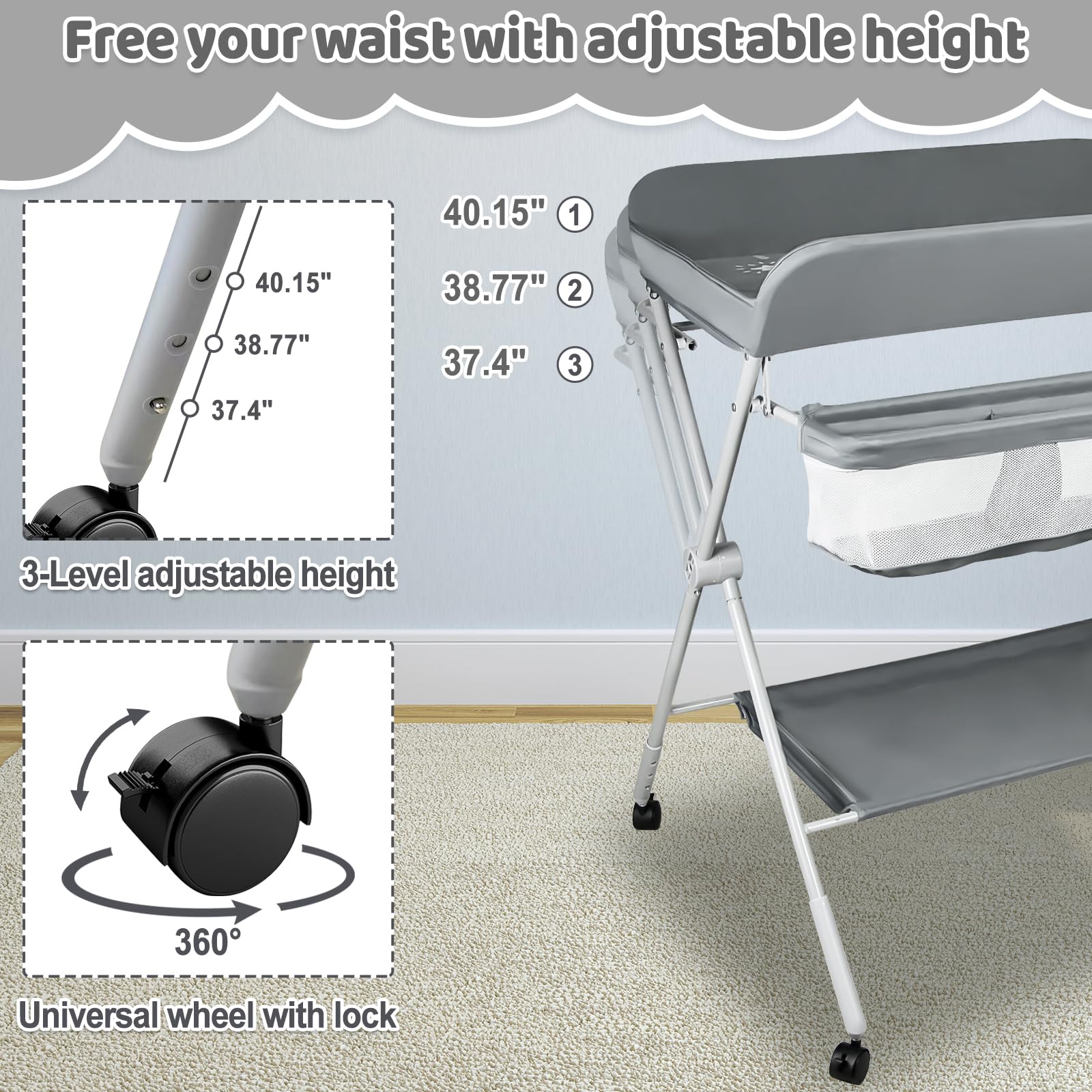 IELECMG portable changing station with lockable wheels for stable setup