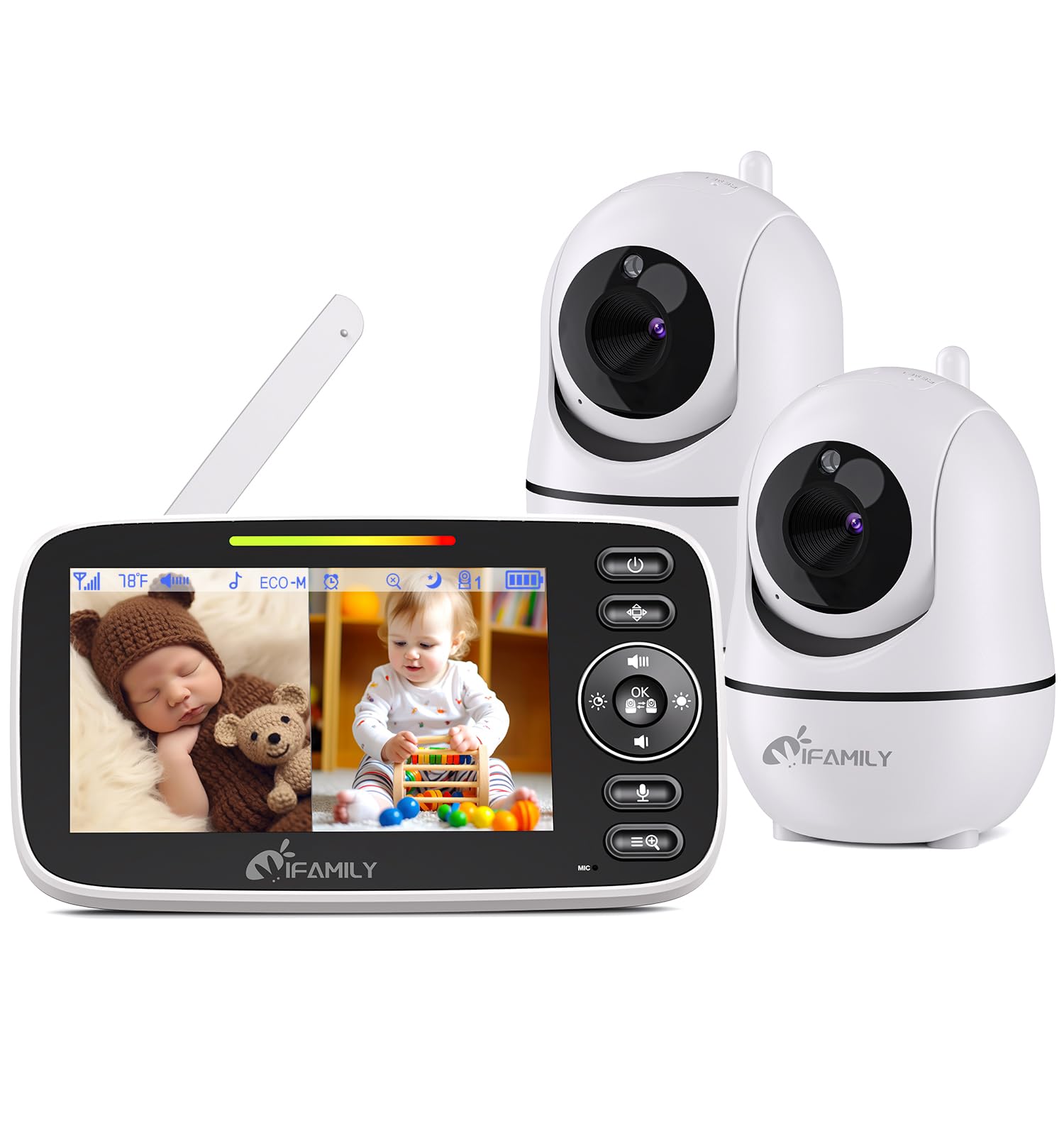iFamily split-screen monitor shows two cameras for simultaneous viewing and peace of mind.